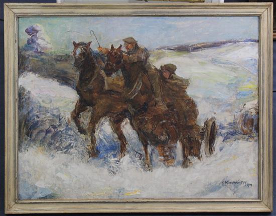 Christiane Brix Klitgaard-May (1876-1954) Royal Horse Artillery Gun Team and Limber, France 1917, 26 x 34in.